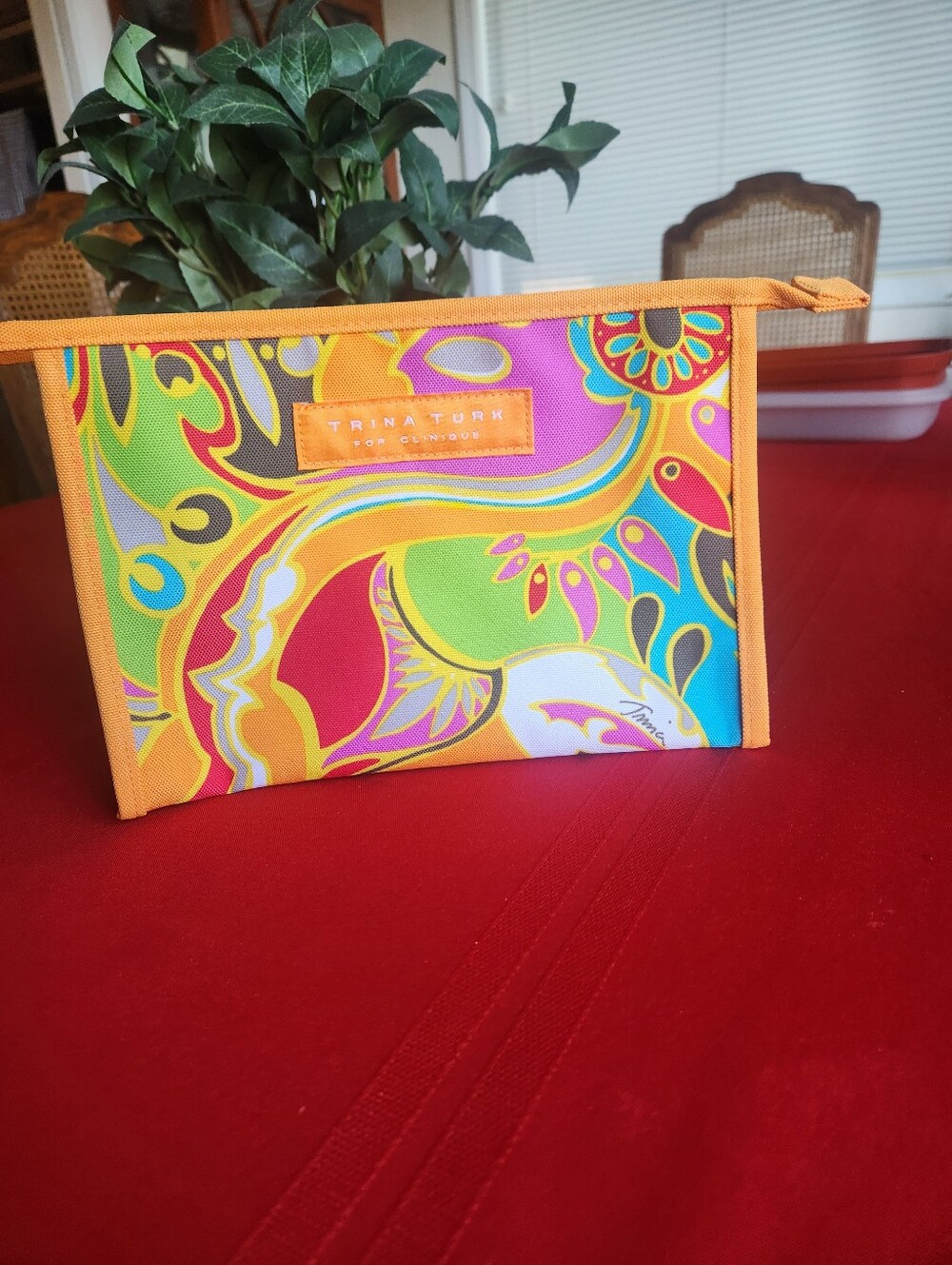 Trina Turk Multicolor Paisley Cosmetic Pouch with Orange Trim